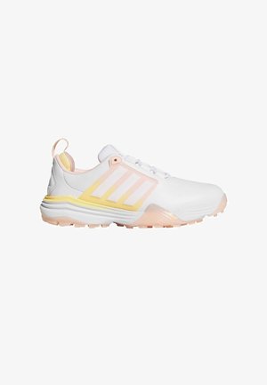 White athletic shoe with pink and yellow accents, featuring a mesh upper, textured sole, and three linear stripes on the side.
