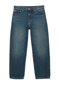 Modré džíny s rovnými nohavicami z denimu s vyblednutým efektom, päťvreckový štýl, zapínanie na gombík a pútka na opasok.