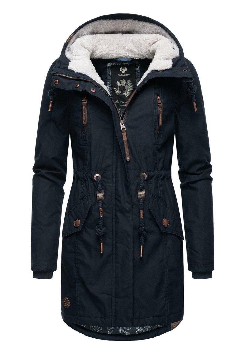 Marineblauwe parka met een nepbont gevoerde capuchon, koord in de taille, voorke pockets en bronzen hardware accenten. Gevoerd met een bloemenpatroon.