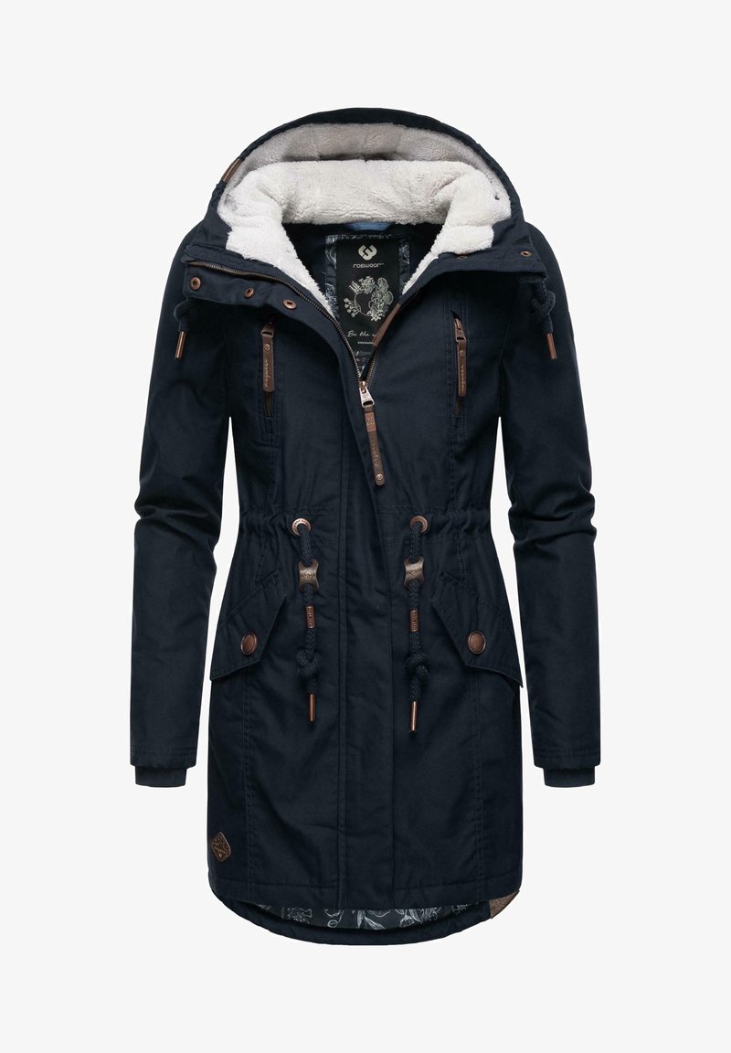 Navy blue parka with a faux fur-lined hood, drawstring waist, front pockets, and bronze hardware accents. Lined with a floral pattern.