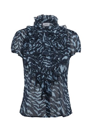 Bluza s kratkimi rokavi v temno mornarsko modri in svetlo modri zebrovem vzorcu. Opremljena z nabranim ovratnikom in detajli na sprednjem delu. Narejena iz lahkotnega materiala.