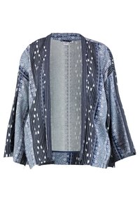 Kimono bleu à motifs présentant un mélange de designs abstraits. Fabriqué en tissu léger avec une ouverture sur le devant et de larges manches.