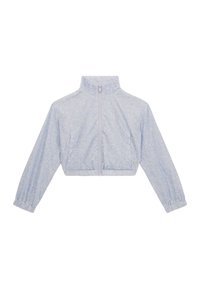 Veste courte bleu clair avec un motif floral, fermeture éclair, poignets élastiques et col montant. Fabriquée à partir d'un tissu lisse et léger.