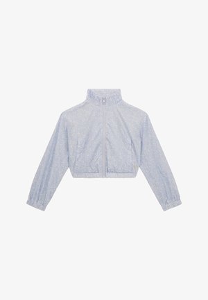 Lyseblå cropped jakke med blomstermønster, lynlåslukning, elastiske manchetter og standkrave. Fremstillet af et glat, let stof.