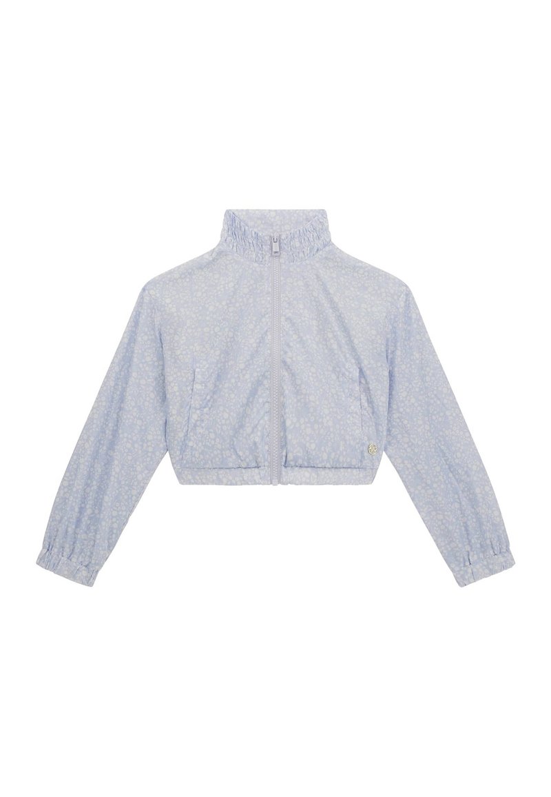 Veste courte bleu clair avec un motif floral, fermeture éclair, poignets élastiques et col montant. Fabriquée à partir d'un tissu lisse et léger.