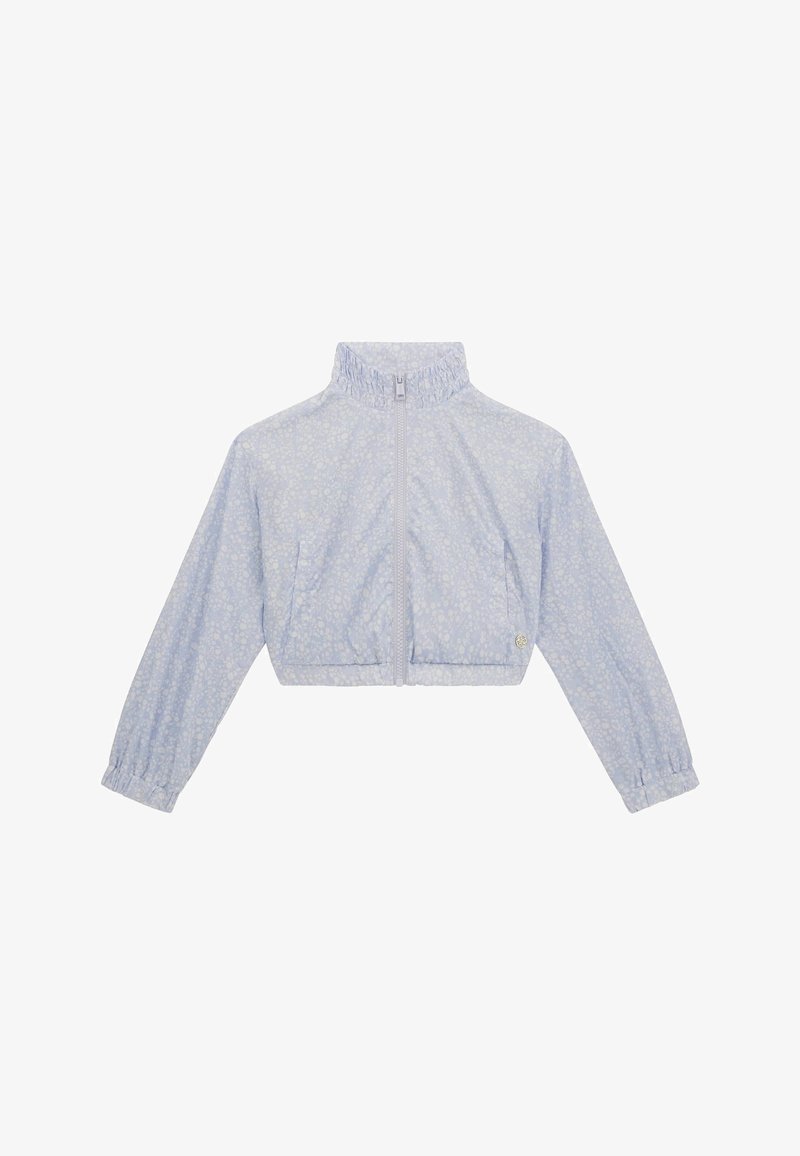 Šviesiai mėlynas trumpas švarkas su gėlių raštu, užtrauktuku, elastingomis rankovėmis ir pakeltu apykakle. Pagamintas iš lygios, lengvos medžiagos.