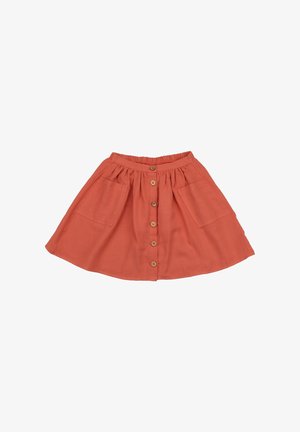 Rostfarbener Rock aus leichtem Stoff, mit elastischem Bund, vornem Knopfverschluss und zwei Seitentaschen.