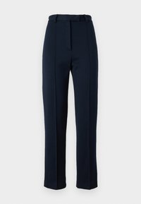 Námořnické modré, přizpůsobené kalhoty vyrobené z texturované tkaniny; mají pas s poutek na pásek a středový záhyb vpředu. Slim, rovný střih nohavic.