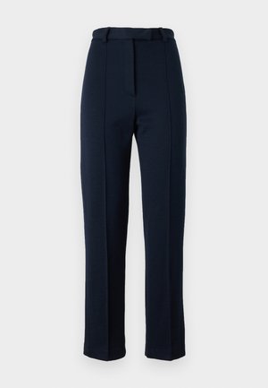 Pantalons ajustés bleu marine en tissu texturé ; dotés d'une taille avec passants de ceinture et d’un pli central à l'avant. Design slim et jambe droite.