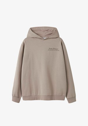 Felpa con cappuccio in tessuto beige chiaro, caratterizzata da una stampa frontale con testo e coordinate in nero. Tessuto morbido e polsini a costine.