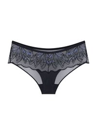Czarne koronkowe majtki w formie bikini z kwiatowym wzorem i niebieskimi akcentami. Siatkowe boki i falbaniaste krawędzie podkreślają design. Miękka tekstura.