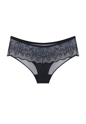 Czarne koronkowe majtki w formie bikini z kwiatowym wzorem i niebieskimi akcentami. Siatkowe boki i falbaniaste krawędzie podkreślają design. Miękka tekstura.