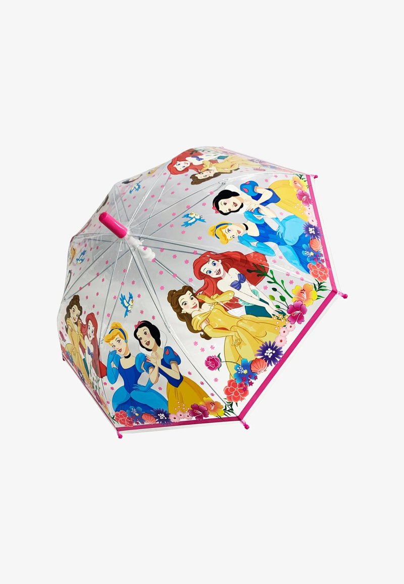 Clear umbrella with a pink handle, featuring printed designs of Disney princesses, floral patterns in vibrant colors on the canopy.