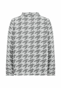 Szary pulower w wzór houndstooth z podwyższonym kołnierzem, charakteryzujący się teksturowanym splotem. Tylna część jest gładka, a krój luźny.