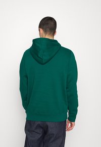 Zielona bluza z dużym kapturem, wykonana z miękkiego materiału, z prążkowanym dołem i mankietami. Pokazana z tyłu.