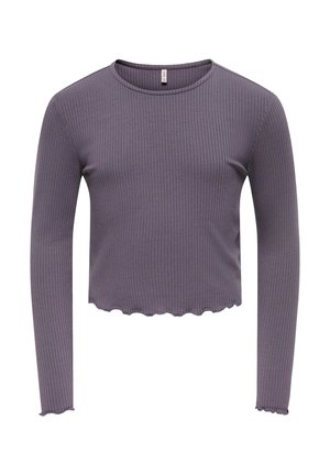 Dlhý rukáv, rebrovaný top v tlmenej fialovej farbe s okrúhlym výstrihom a volánovým lemom. Má priliehajúci strih a textúrovanú tkaninu.