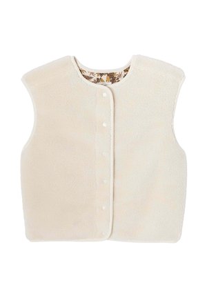 Gilet en polaire de couleur crème, doté d'un col rond, d'une fermeture à boutons-pression et d'une doublure intérieure à motifs. Sans manches.