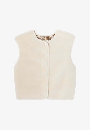 Gilet en polaire de couleur crème, doté d'un col rond, d'une fermeture à boutons-pression et d'une doublure intérieure à motifs. Sans manches.