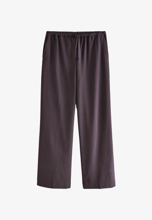 Wide-leg pants in a dark purple fabric, featuring an elastic waist with a drawstring, two side pockets, and a smooth texture.