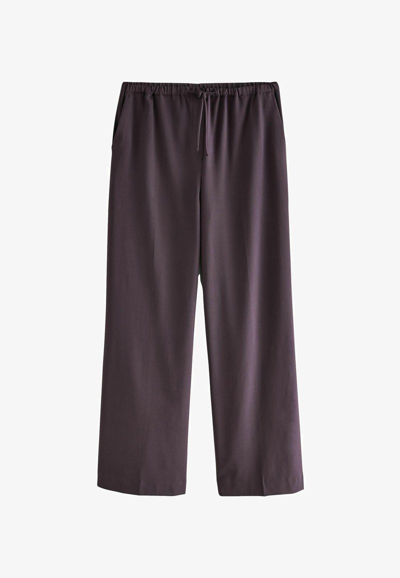 Wide-leg pants in a dark purple fabric, featuring an elastic waist with a drawstring, two side pockets, and a smooth texture.