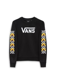 Sudadera negra con el logotipo en blanco de "VANS", con mangas estampadas que presentan diseños alternados de girasoles y cuadros.