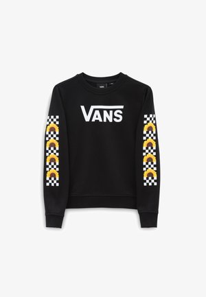 Sudadera negra con el logotipo en blanco de "VANS", con mangas estampadas que presentan diseños alternados de girasoles y cuadros.