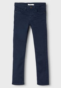 Marineblå slim-fit jeans laget av denim, med fem-lomme design, knappelukking og subtile sømdetaljer.