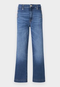 Τζιν παντελόνια φαρδιάς γραμμής μπλε χρώματος με λεπτομέρειες κουμπιών στο πλάι και ψηλή μέση.