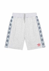 Grå shorts med dragsko i midjan, featuring marinblå sidosträck med diamantmönster och en röd Umbro-logotyp på framsidan.