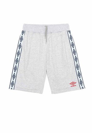 Grå shorts med snor i taljen, der har navy striber på siden med diamantmønstre og et rødt Umbro-logo foran.