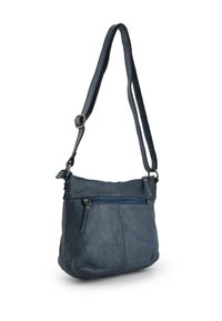 Kožená crossbody taška v tmavě modré barvě s nastavitelným popruhem, přední kapsou na zip a texturovaným povrchem. Neformální design ideální pro každodenní použití.
