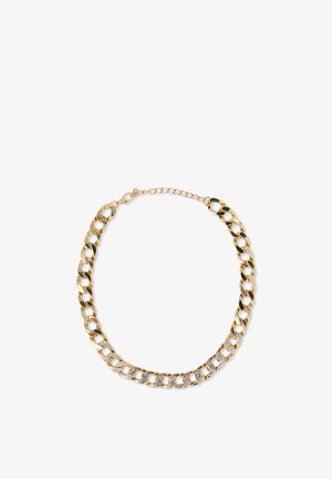 Collana in oro con maglie intrecciate, con sezioni alternate decorate con pietre preziose chiare. Include una chiusura regolabile.