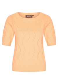 Vaalean oranssi neulepaita, jossa on lyhyet puffihihat, aaltoileva kuvio ja teksturoidut pisteet kauttaaltaan. Pyöreä pääntie ja ribattu helma.