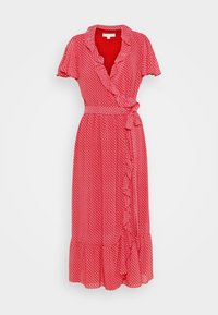 Robe portefeuille rouge à manches courtes avec un petit motif floral blanc, col, ceinture à nouer à la taille et détails volantés le long du devant et de l'ourlet.