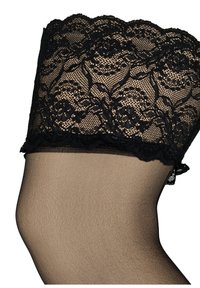 Schwarze Oberschenkelstrümpfe mit Spitzeneinsatz und floralem Muster, die einen gewellten Saum und einen glatten beige-farbenen Beinbereich haben.