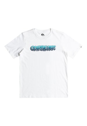 Biała bawełniana koszulka z krótkim rękawem z niebieską i czarną grafiką logo "Quiksilver" na klatce piersiowej. Klasyczny okrągły dekolt.