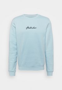 Sudadera de color azul claro con puños y cuello acanalados, que presenta el texto en cursiva negra "Ámsterdam" en el pecho. Textura suave, corte casual.