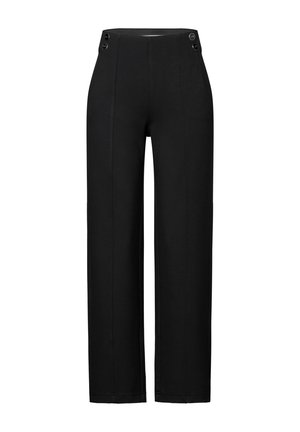 Zwarte wijde broek met een soepele textuur, voorzien van twee decoratieve knopen op de taille en subtiele gestikte naden voor extra detail.