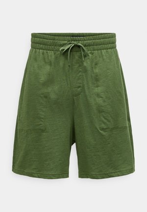 Žalios šortai iš minkštos medžiagos, su elastine juosmens juosta, raišteliu ir dviem šoninėmis kišenėmis. Šiek tiek tekstūruota paviršiaus struktūra.