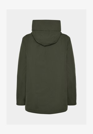 Green waterproof jacket with a hood, smooth texture, straight cut, and a simple design. No visible hardware or accents.