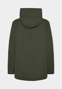 Groene waterdichte jas met een capuchon, gladde textuur, rechte snit en een eenvoudig ontwerp. Geen zichtbare hardware of accenten.