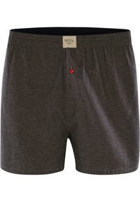 Tmavě šedé bavlněné boxerky s černým elastickým pasem, obsahující jeden červený knoflík a visačku se značkou "Pihl & Co Berlin."