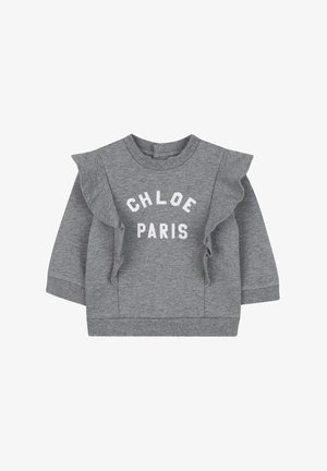 Grijze sweatshirt met ruches op de schouders, met de tekst "CHLOE PARIS" in het wit. Gemaakt van zacht materiaal met een ronde hals.