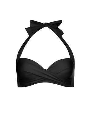 Czarny biustonosz bikini na halter z przeplatanym wzorem, gładką teksturą i regulowanymi węzełkami na szyi, zapewniającymi dopasowanie na miarę.