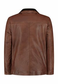 Chaqueta de cuero marrón con mangas largas, detalles de costura visibles y un cuello negro, presentada desde la parte posterior sobre un fondo blanco.
