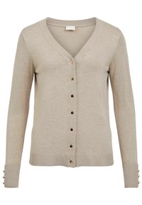 Beige kofta med V-ringning, ribbade ärmslut, texturerad tyg och sex framknappar med guldfärgad accent. Långa ärmar och figurnära passform.