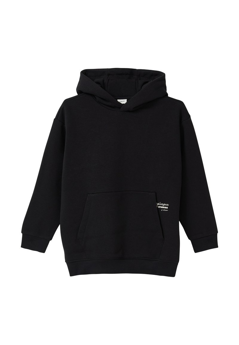 Felpa nera con cappuccio realizzata in misto cotone, con tasca frontale e polsini a coste. Include un dettaglio testuale minimale nell'angolo inferiore.