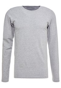 Gray long-sleeve t-shirt made from soft material. Features a round neckline and a regular fit with no patterns or accents.