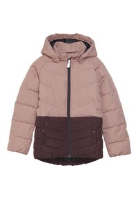 Giubbotto imbottito con parte superiore beige e parte inferiore marrone scuro, dotato di cappuccio, cuciture verticali e chiusura frontale con zip.