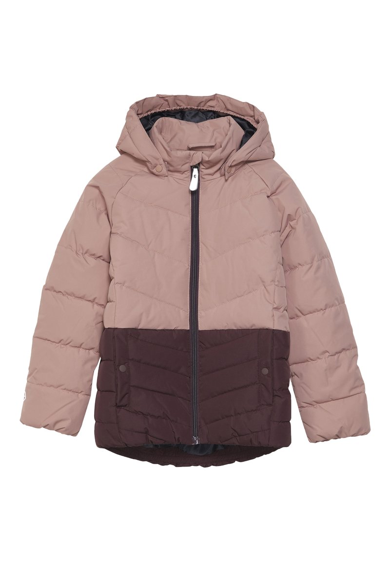 Giubbotto imbottito con parte superiore beige e parte inferiore marrone scuro, dotato di cappuccio, cuciture verticali e chiusura frontale con zip.
